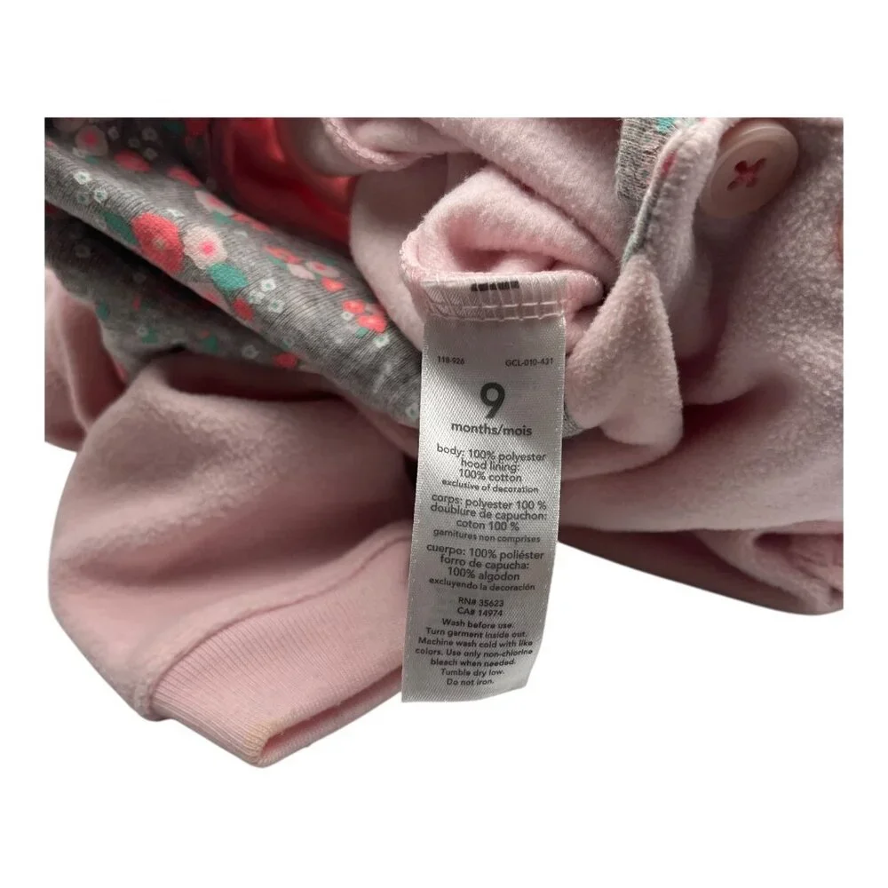 Lot Of 2 Carter’s Baby Hooded Fleece One‎ Piece 6-9M Heart Pink Floral Pocket